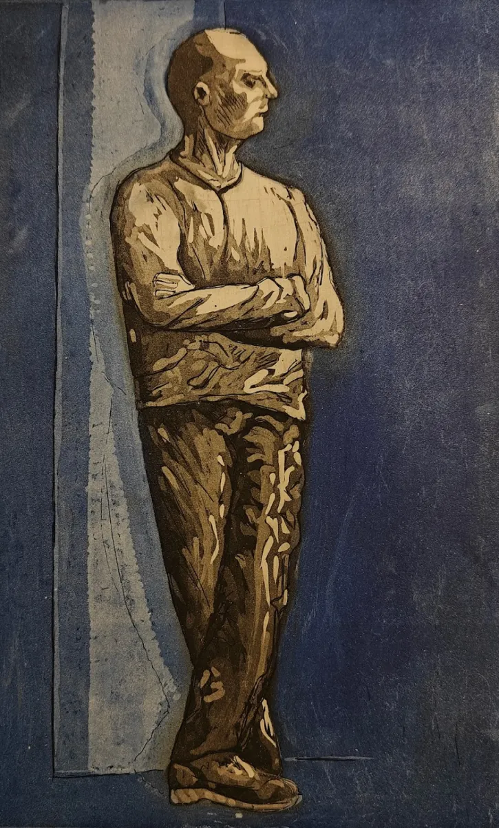 Man tegen paal - ets, aquatint