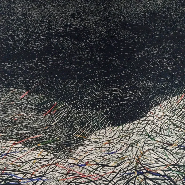 Reflectie berg - houtsnede