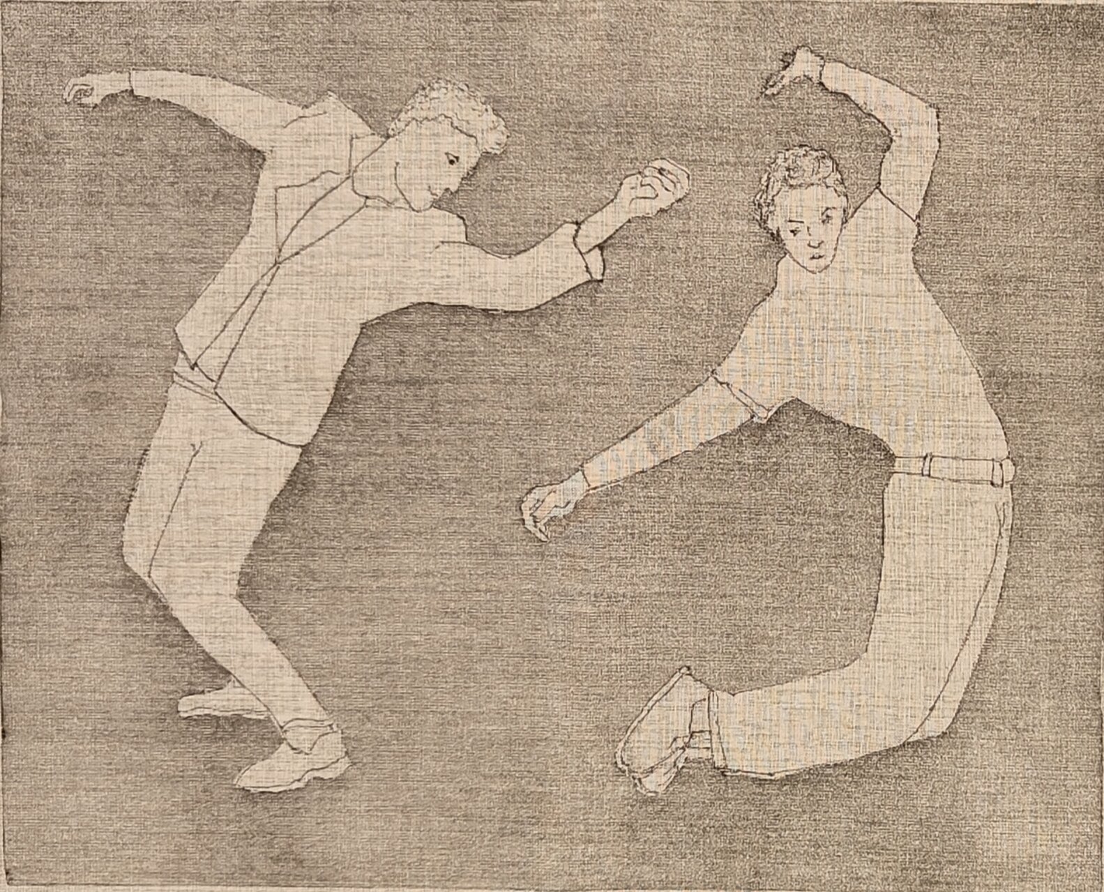 Boys in an imaginary dance with bullets - vernis mou, aquatint
